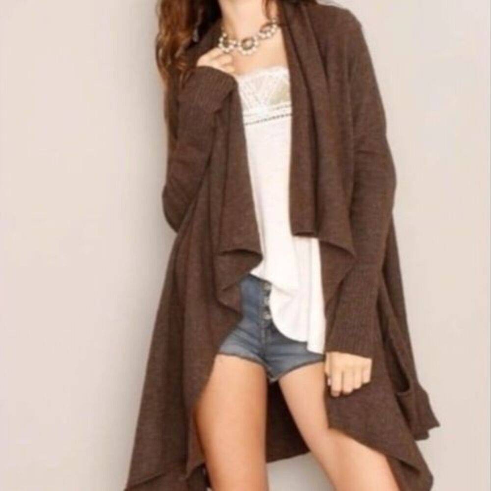 Free people mocha chocolate brown hooded cascade asymmetrical cardigan